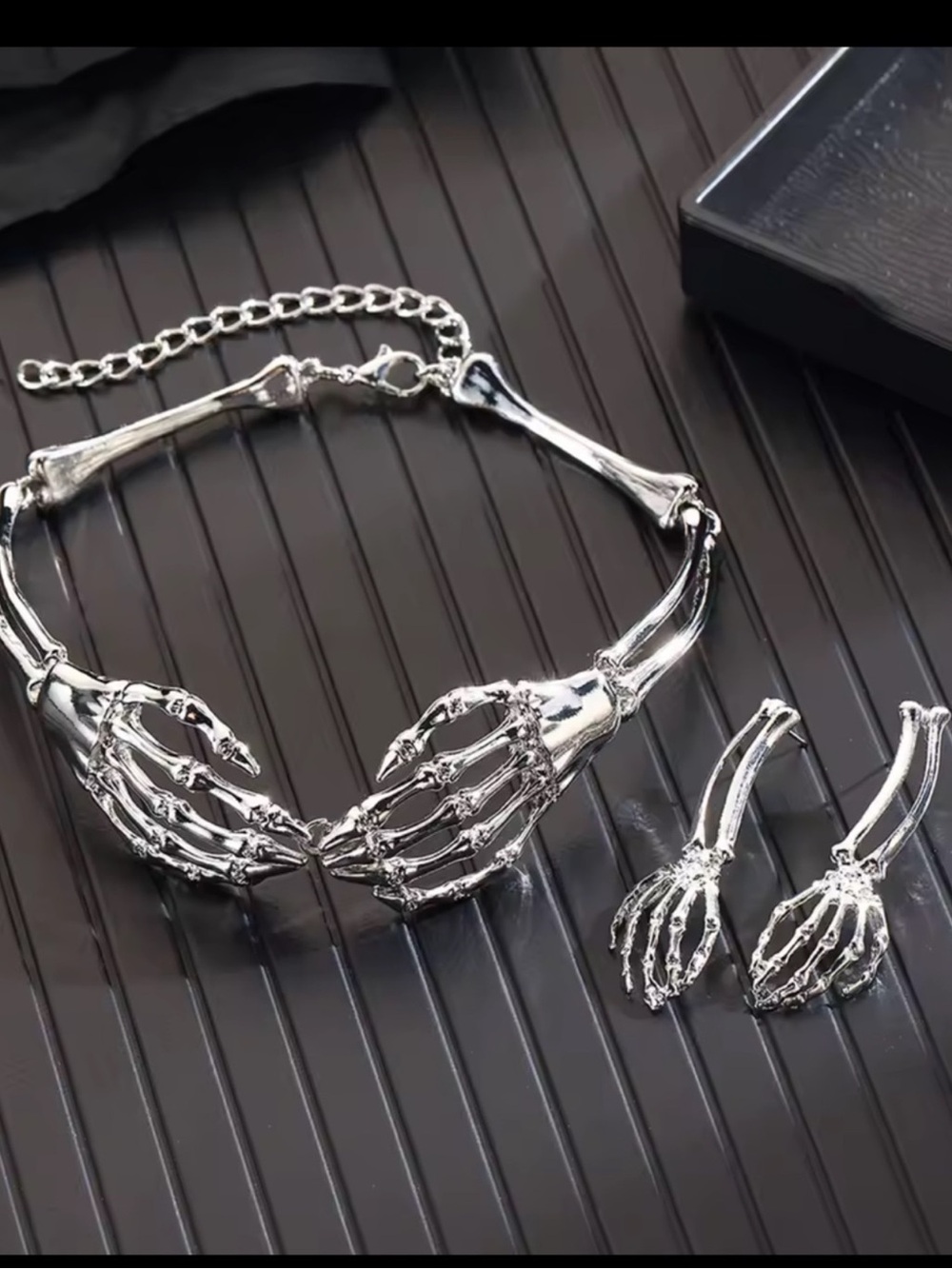 Skeleton Hand Jewelry Set Statement Necklace Drop Earrings Gothic Jewelry